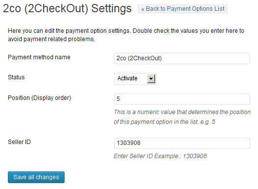 2Checkout back-end options panel