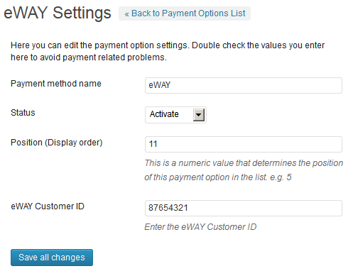 eWAY back-end options panel