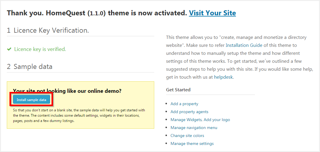 Installing theme sample data