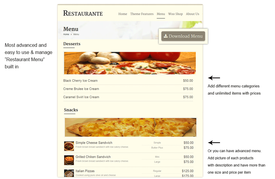 Menu from Restaurant WP Theme