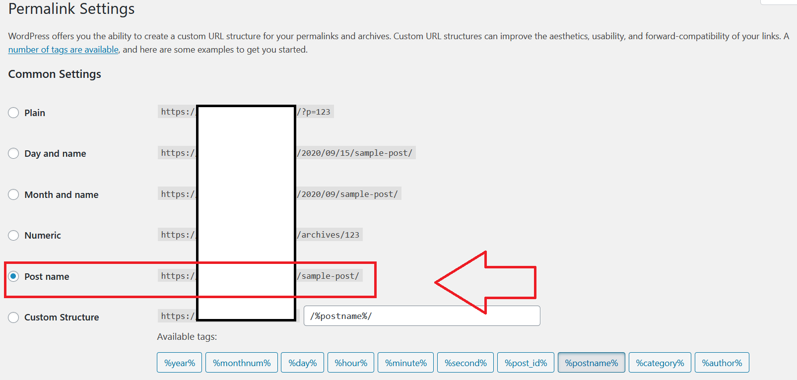 WordPress Permalinks settings